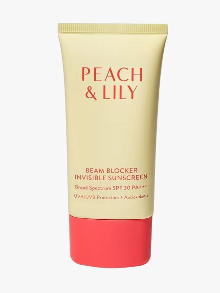 Peach & Lily Beam Blocker Invisible Sunscreen in branded component on a light gray background