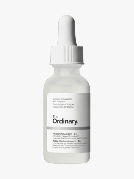 The Ordinary Hyaluronic Acid 2% + B5 in white branded dropper component on a light gray background