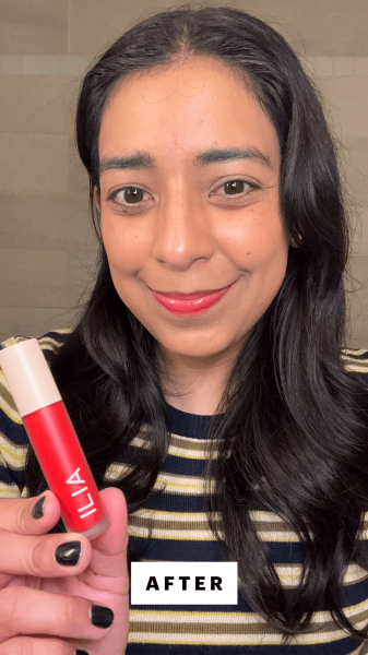 Foresto after applying the Ilia Overglaze Hydrating Lip Gloss