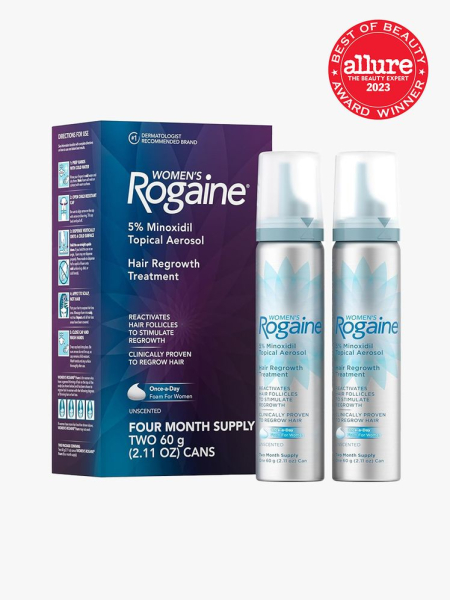 Rogaine Women's 5% Minoxidil Foam purple box and two metal containers of minoxidil foam on light gray background with red Allure Best of Beauty seal in the top right corner