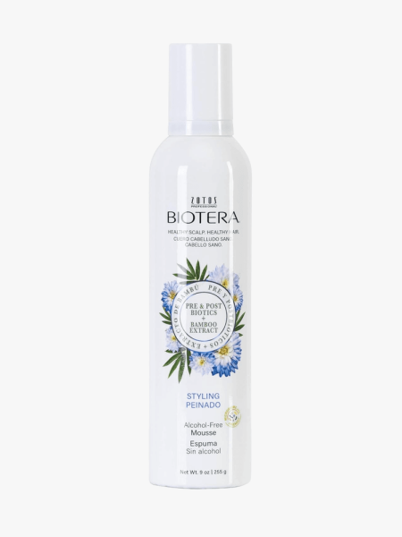 Biotera Styling Mousse in branded bottle component on a light gray background
