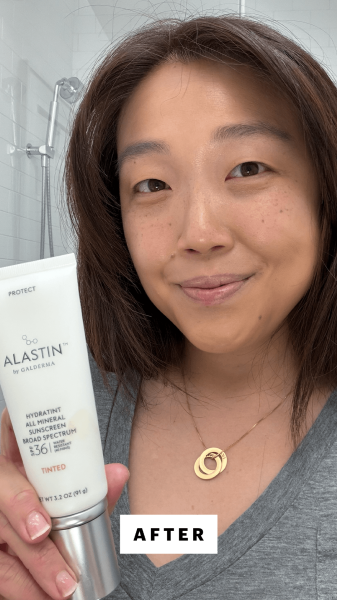 Allure contributing commerce editor Christa Joanna Lee after applying the Alastin Skincare HydraTint Pro Mineral...