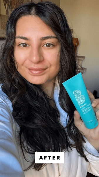 Hussein after applying the Briogeo Style  Treat Yuzu  Plum Oil Soft Power Air Dry Cream