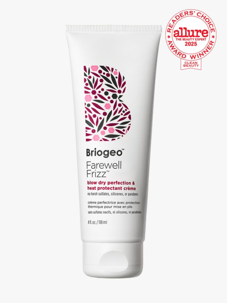 Briogeo Farewell Frizz Blow Dry Perfection & Heat Protectant Creme in branded component on a light gray background with white and red Allure Readers' Choice Award seal in the top right corner