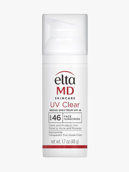 EltaMD UV Clear Blemish-Prone & Oil Balancing SPF 50 in branded component on a light gray background